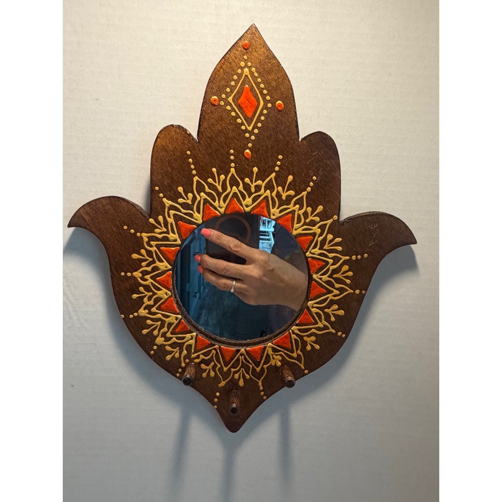 Hand Painted Hamsa Wooden Wall Mirror Key Jewelry Holder Boho Mandala Decor